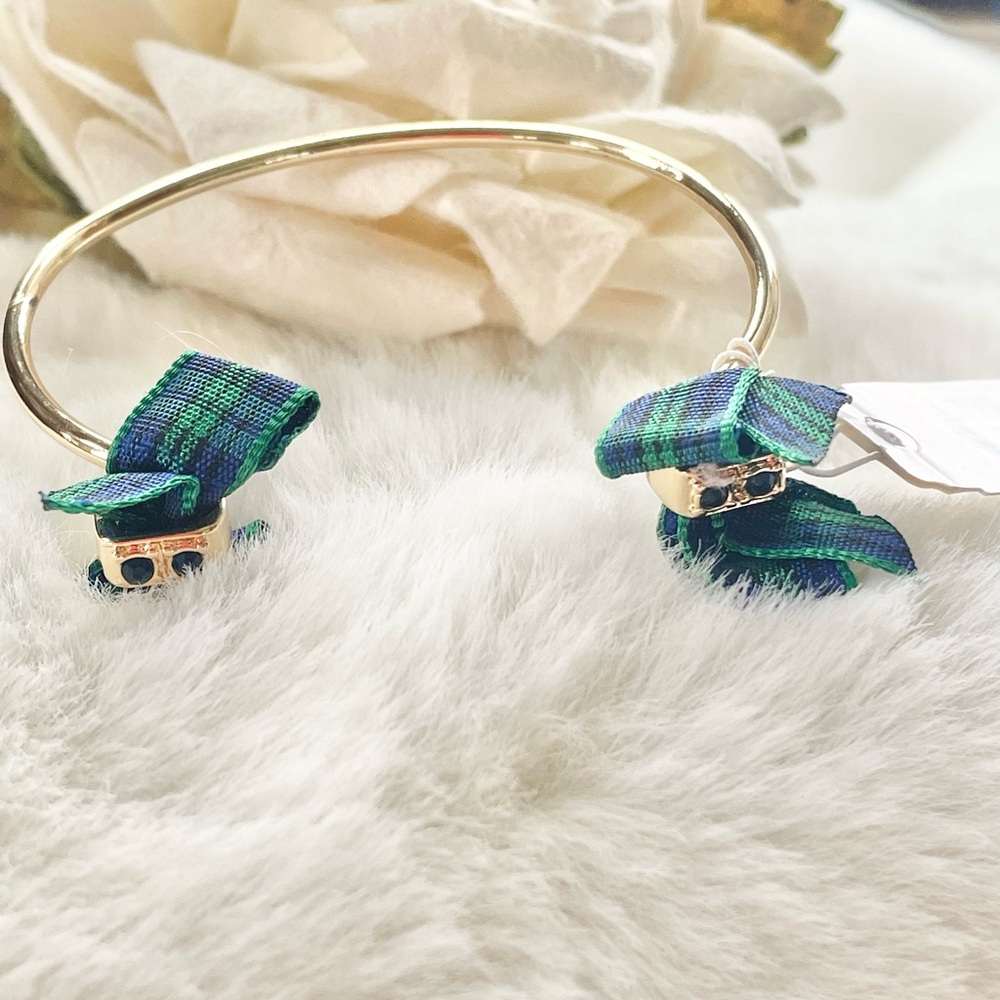 New with tags SCOTTISH CHEER CUFF BRACELET GOLD w/GREEN PLAID BOWS and Stones.